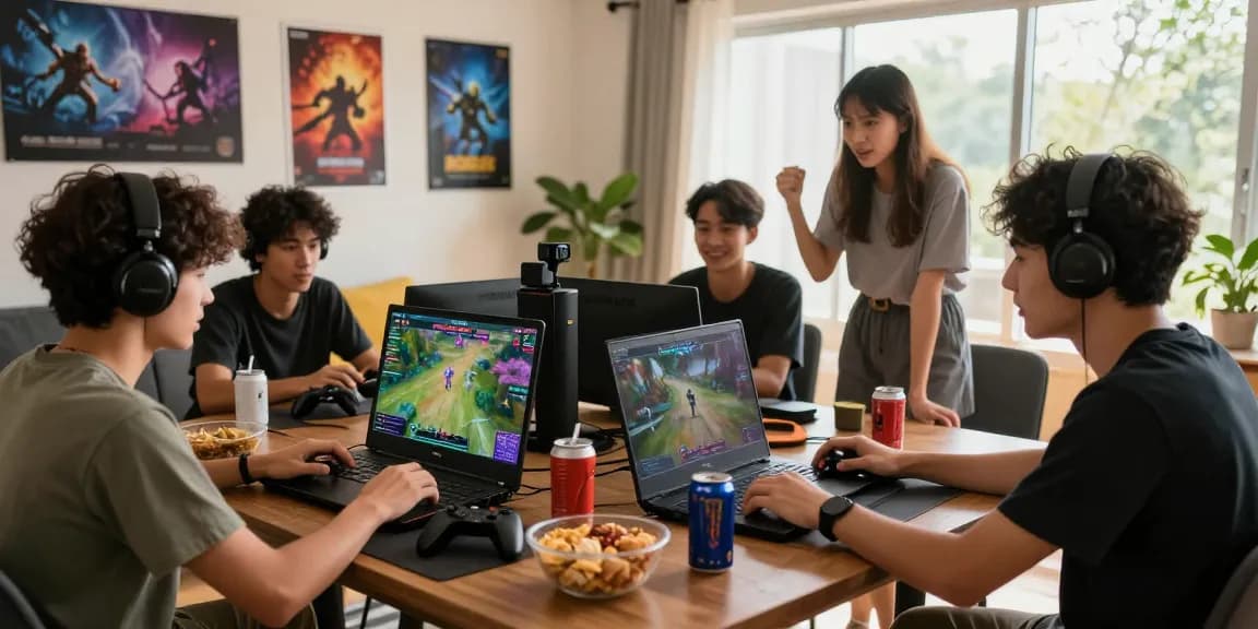 Engaged players enjoying the ROKOK88 online gaming platform with vibrant atmosphere and gaming paraphernalia.