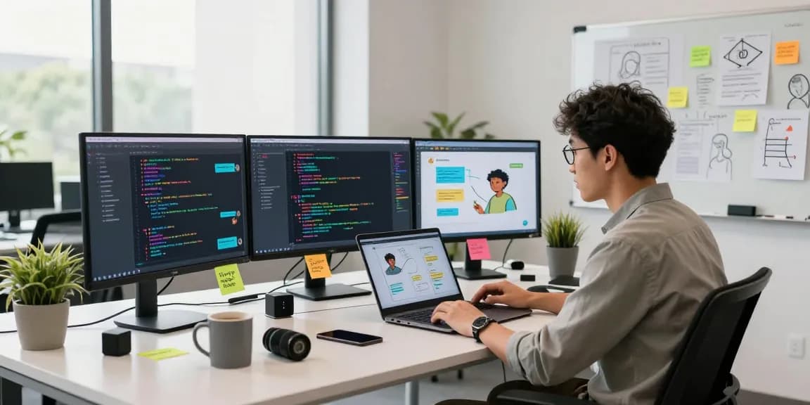 Engaging tech workspace with developer using crushonai software in vibrant office setting