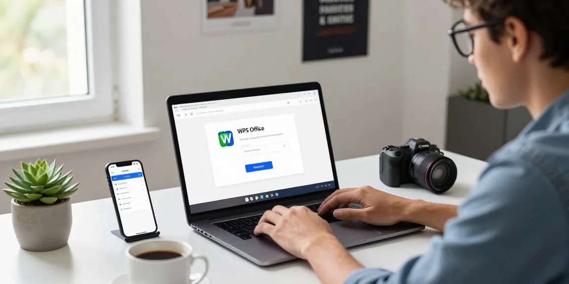 A young professional downloading WPS Office on a modern laptop in a stylish workspace with natural light.