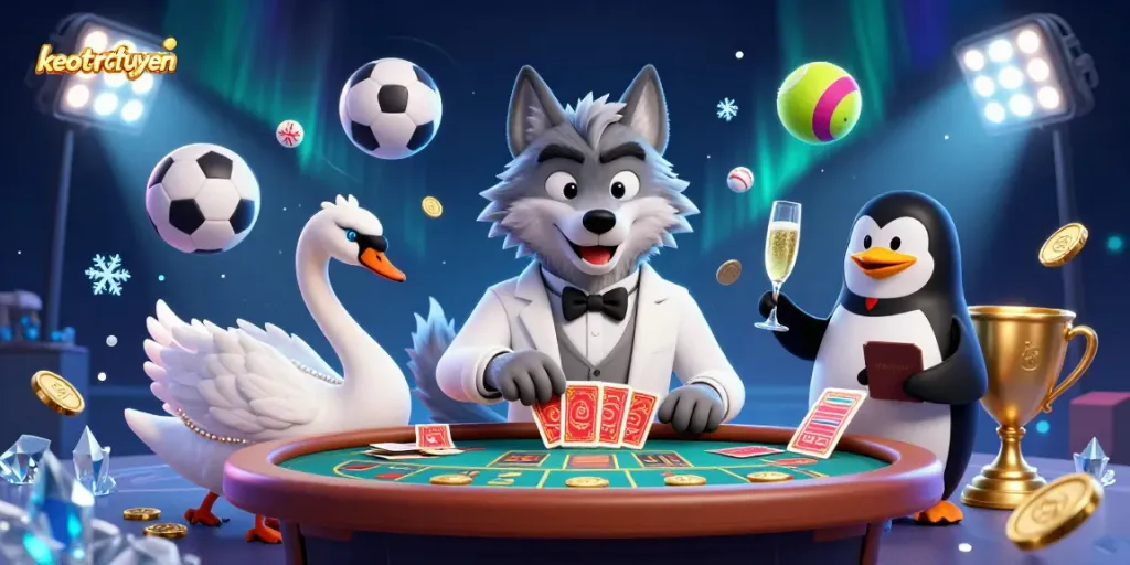 Experience keotructuyen excitement at a baccarat table with vibrant casino characters and dynamic sports elements.