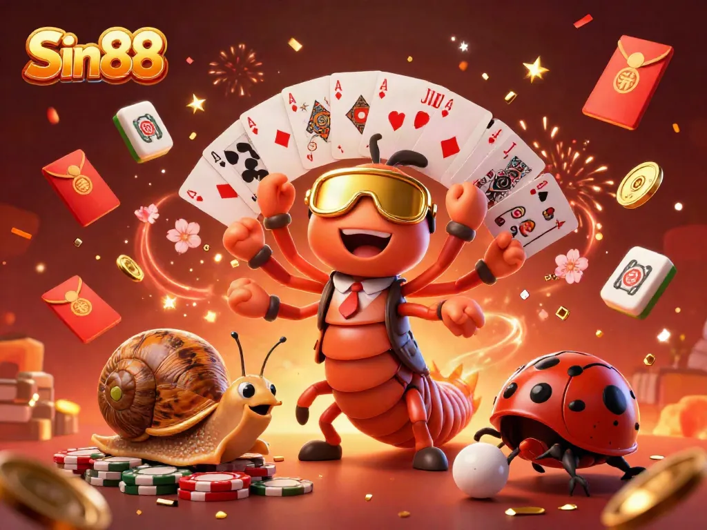 Experience Sin88's exciting casino atmosphere with vibrant illustrations of playful character dealers and casino elements.