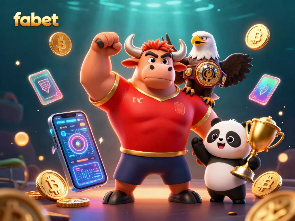 Fabet casino gaming scene with bull mascot celebrating, crypto coins, and vibrant visuals.