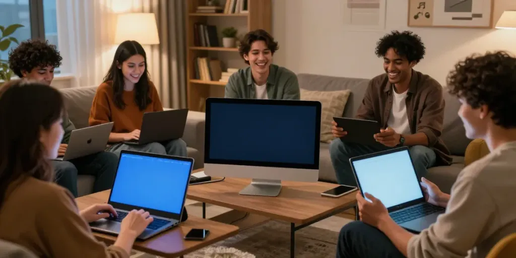 Group of friends engaging with rokok88 entertainment platform in a stylish living room.