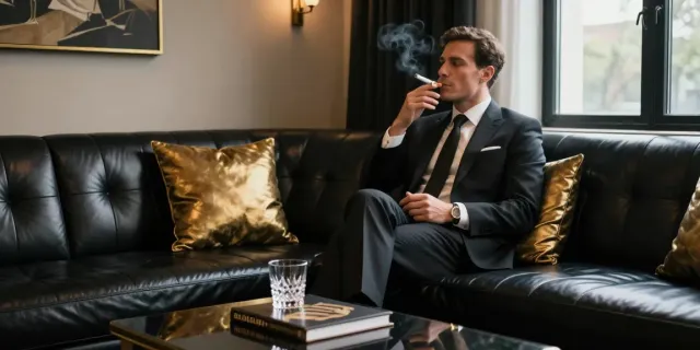 Stylish man enjoying ROKOK88 in an elegant black and gold lounge.