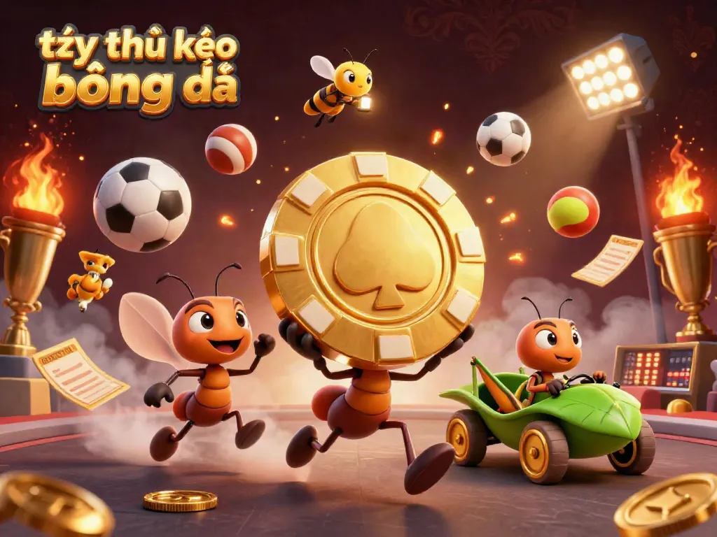 Engage in tỷ lệ kèo bóng đá with a trio of playful 3D cartoon ants and sports elements surrounding them.