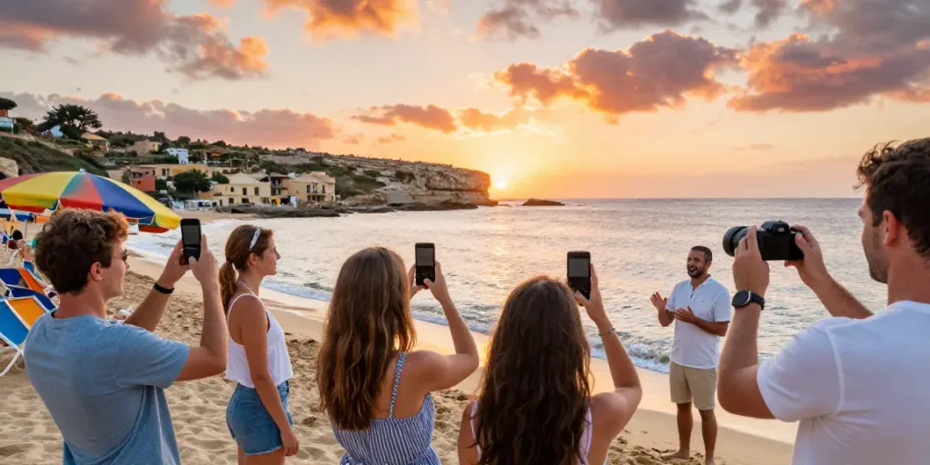 Experience the Malta Gozo tour with friends on a stunning beach at sunset.