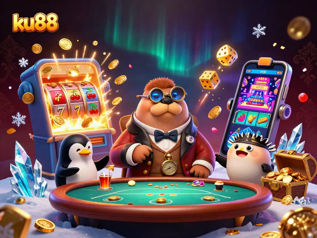ku88 immersive casino scene featuring a walrus playing poker with thrilling jackpot excitement