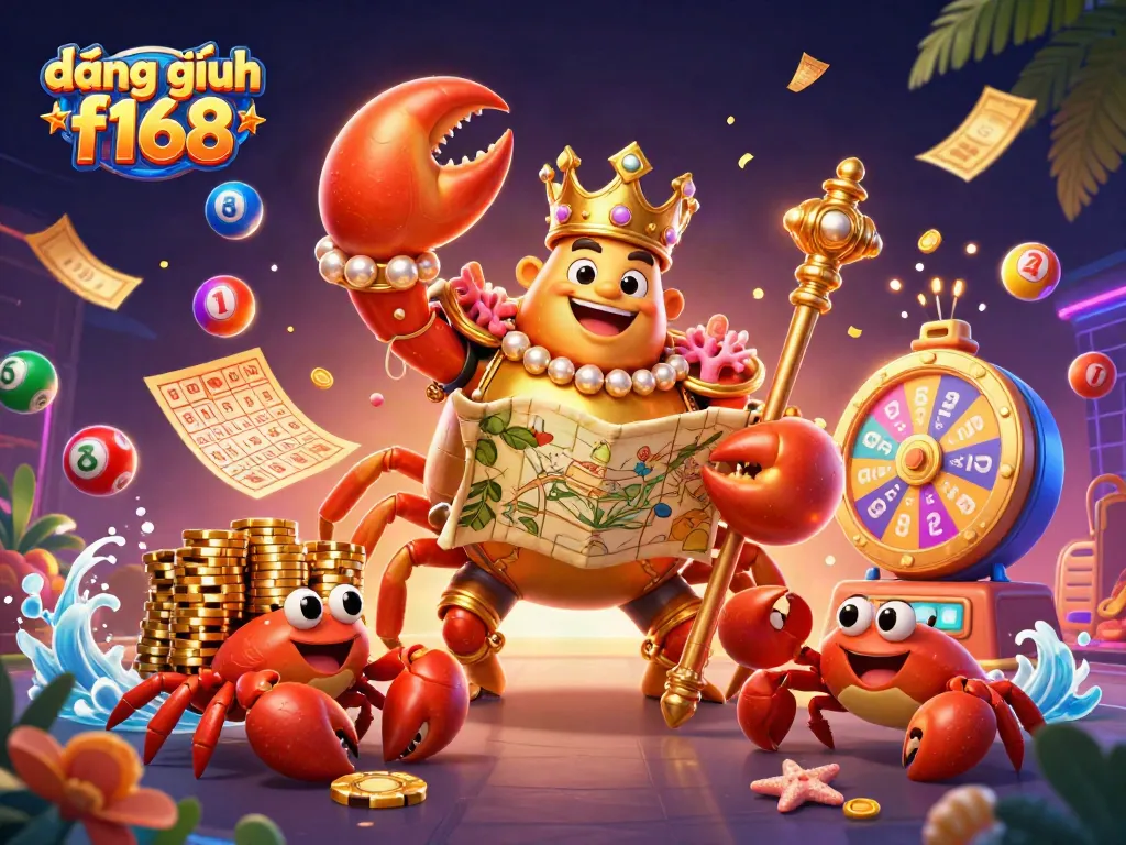 Engage in đăng nhập f168 with a vibrant scene featuring a crab emperor, treasure map, and lively casino elements