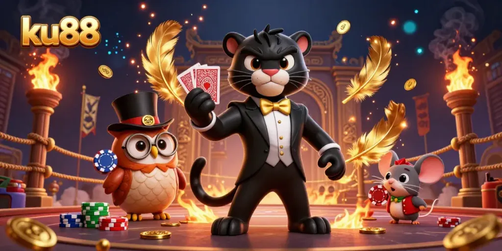 ku88 showcases a stylish panther dealing cards amidst a vibrant casino scene filled with excitement.