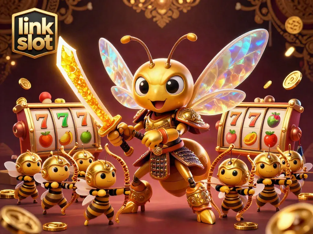 Experience the thrill of link slot games with a vibrant illustration of slot reels, jackpots, and winning symbols.