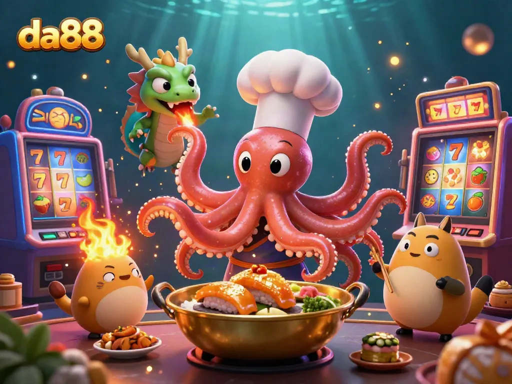 Experience thrilling gameplay at da88 with a vibrant casino scene featuring an octopus chef, dragon, and tanuki.