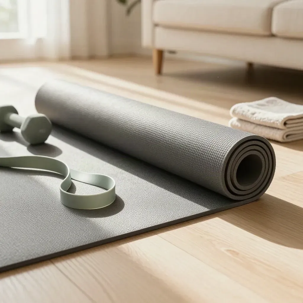 Rolled mat, dumbbells, band and towel in a sunlit living room corner, caught mid-unfurl.
