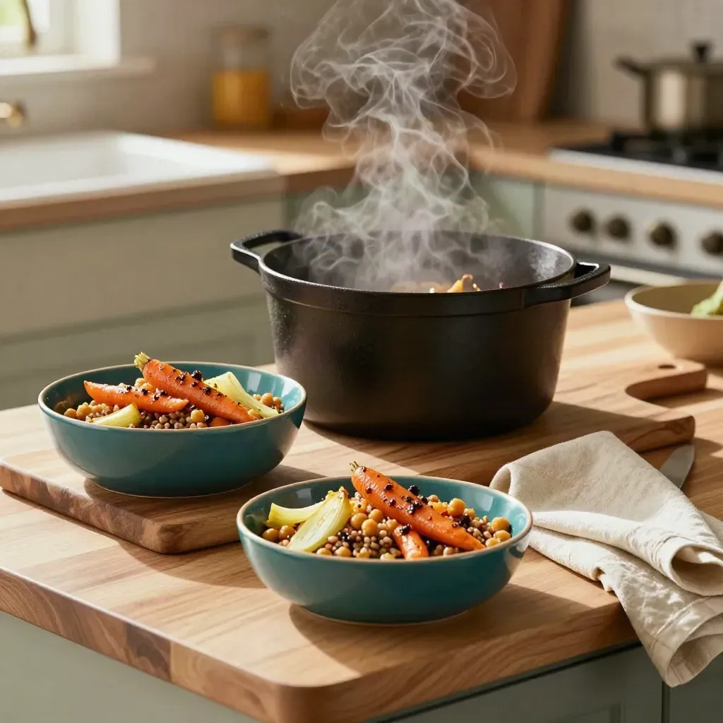Steam rising from a weeknight dinner spread of roasted vegetables and grains on a wooden counter.