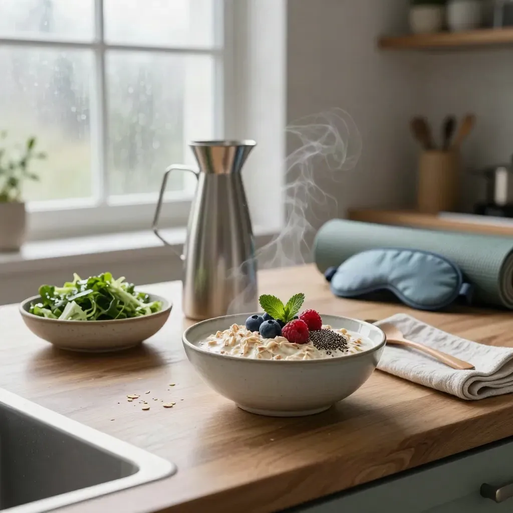 Nordic breakfast bowl, greens, carafe, towel, yoga mat and sleep mask by a rainy kitchen window.