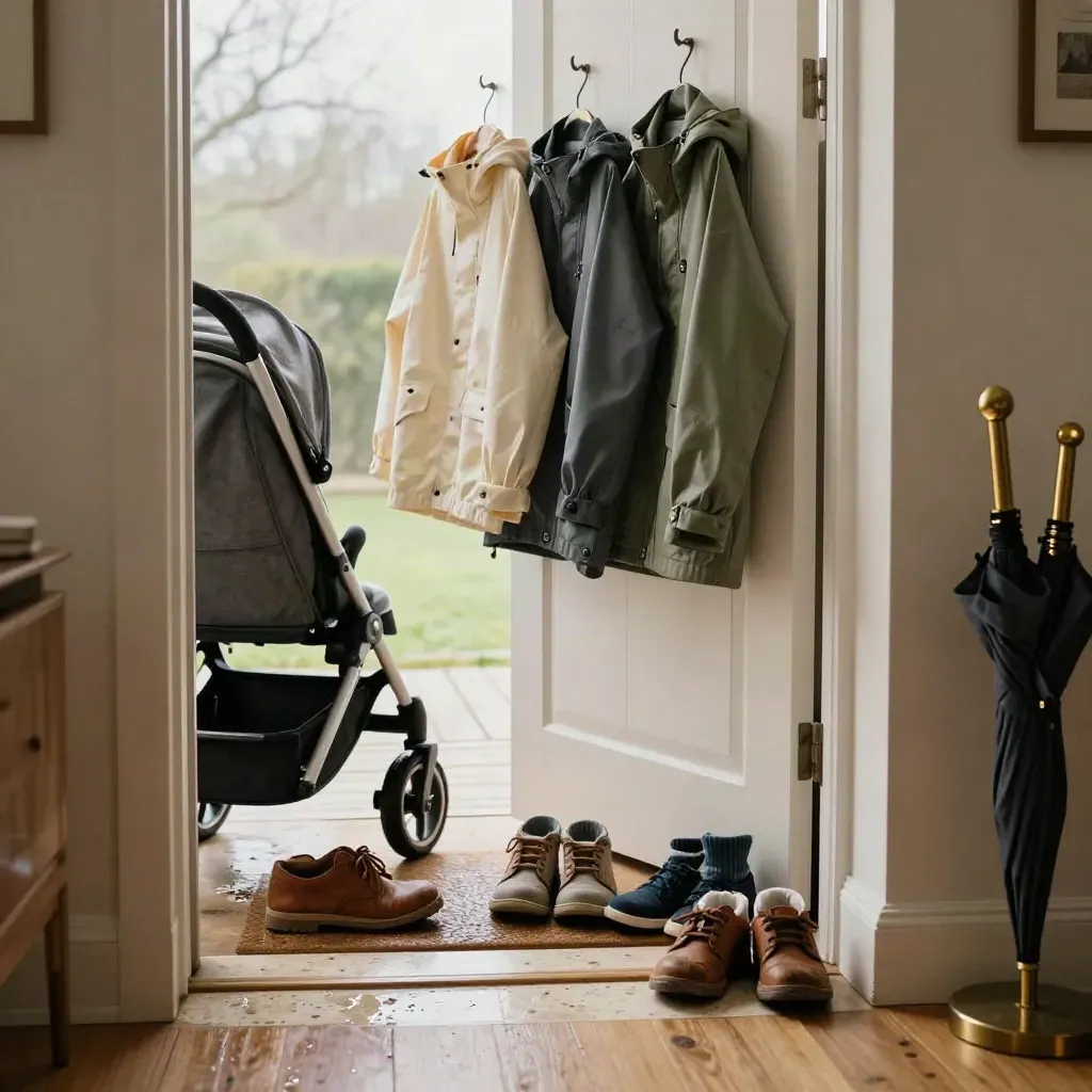 Tidy hallway with family shoes, stroller wheel and rain jackets by an open front door at dusk.