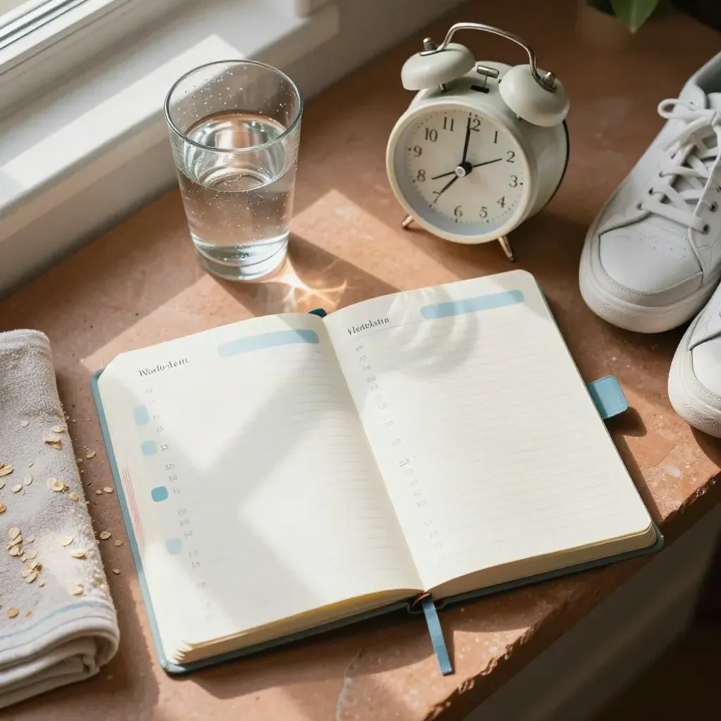 Habit tracker journal, water glass, alarm clock, sneakers and towel on warm terracotta stone.