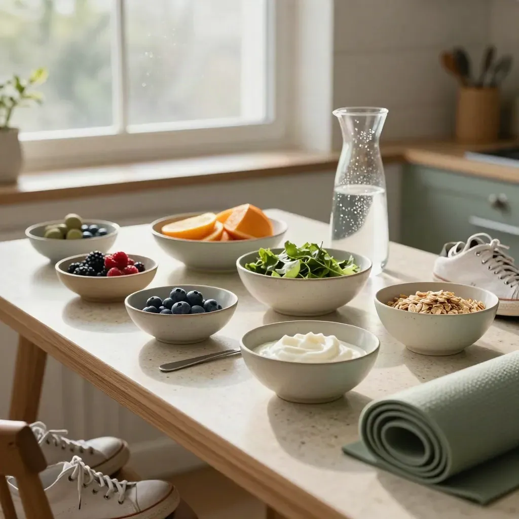 Morning reset spread with produce, water carafe, sneakers and folded mat on travertine