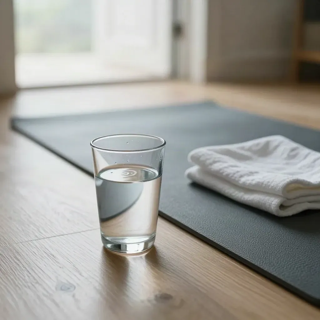 Glass of water by a stretching mat near a bright doorway, low floor-level view.