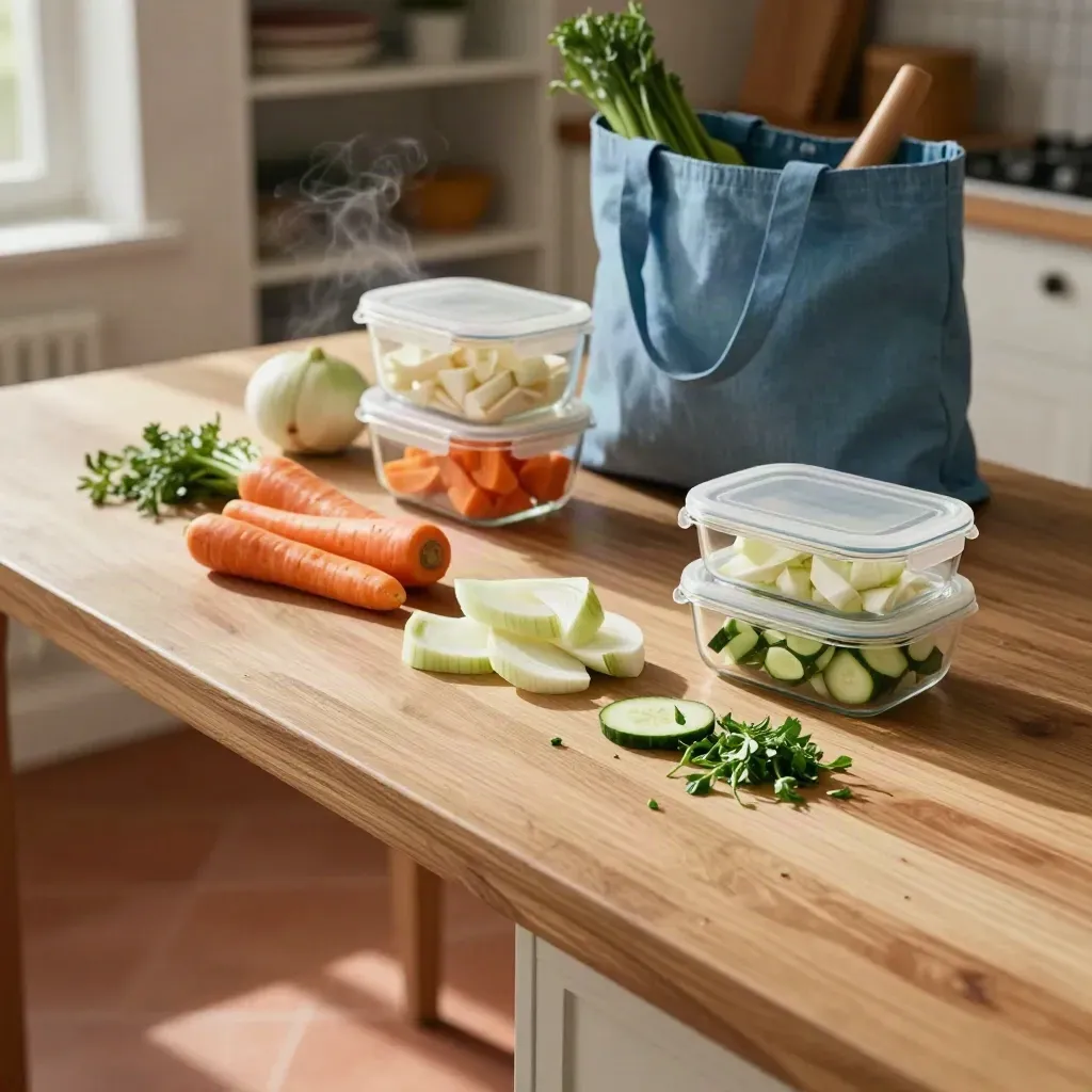 Chopped vegetables, meal-prep containers and a soft blue shopping tote on a warm kitchen counter.