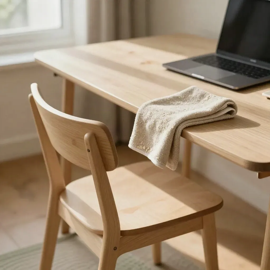 Standing desk stretch setup with chair, folded towel, closed laptop, and sage mat in warm daylight.