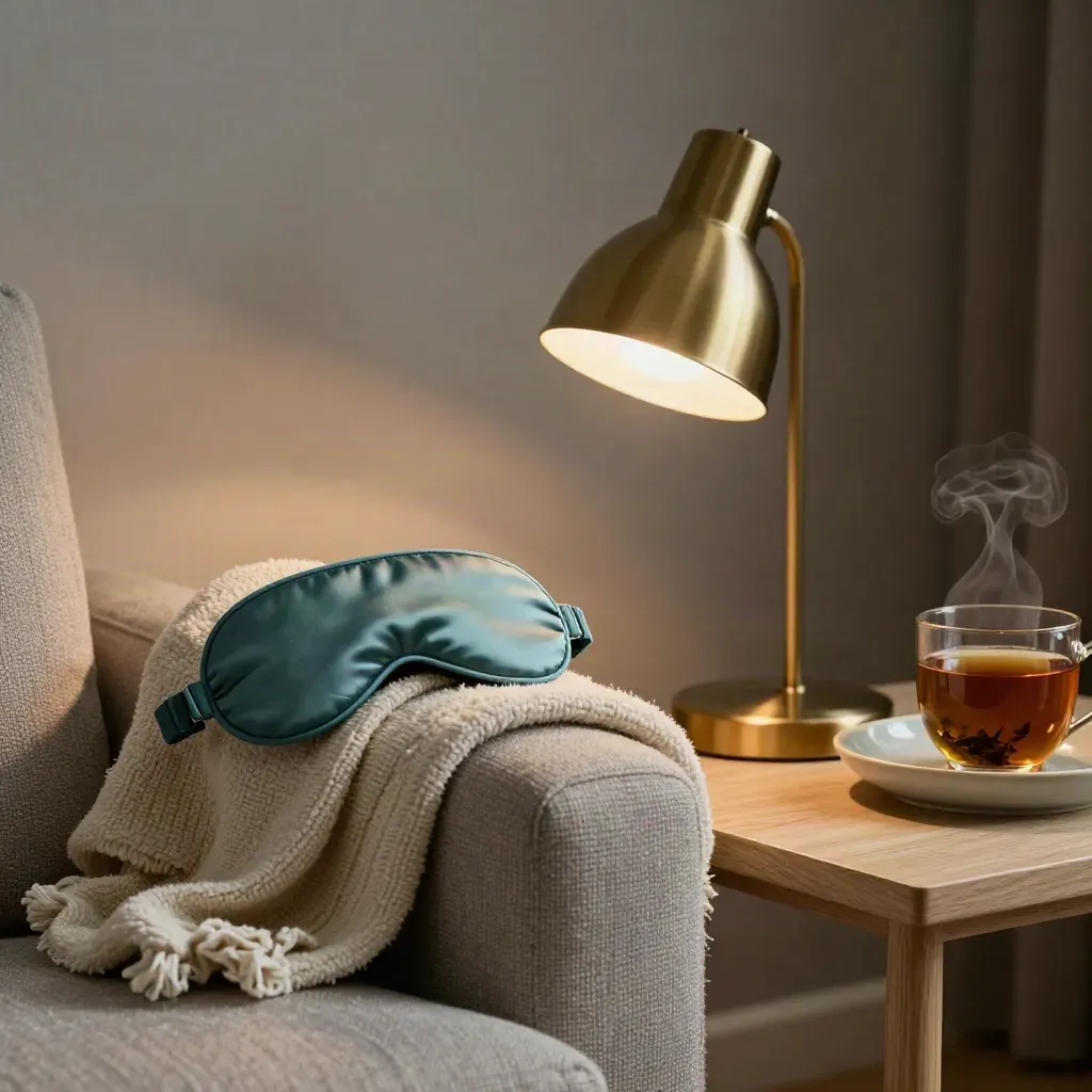Dim living room with lowered lamp, folded blanket, sleep mask and herbal tea tray at evening hush