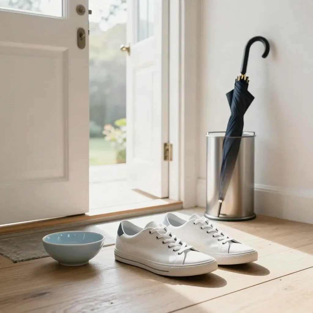 Front-door sneakers, keys bowl, umbrella stand and coat hook in soft morning light.