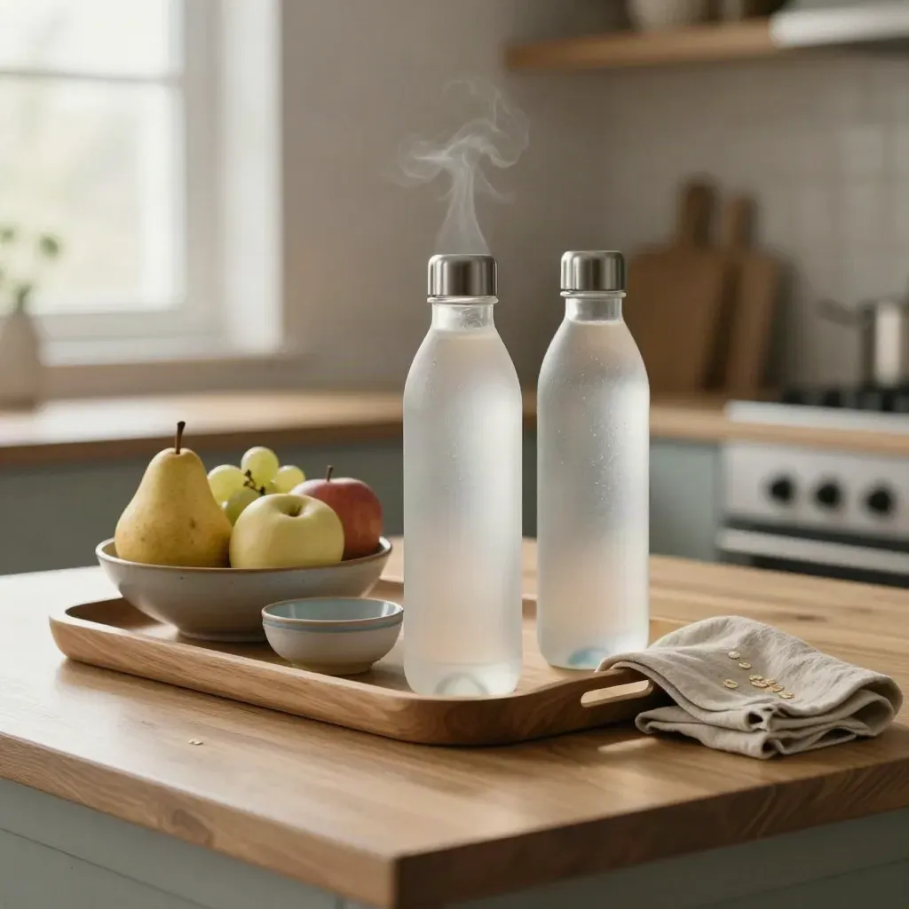Breakfast wellness cluster with water bottles, fruit bowl and bowls on a wooden tray