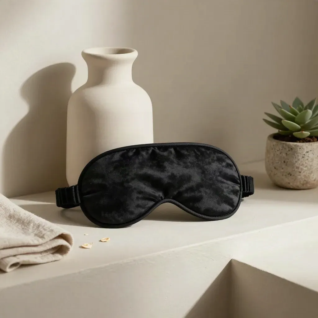 Sleep mask, ceramic carafe, folded cloth, and tiny plant on a plaster ledge.