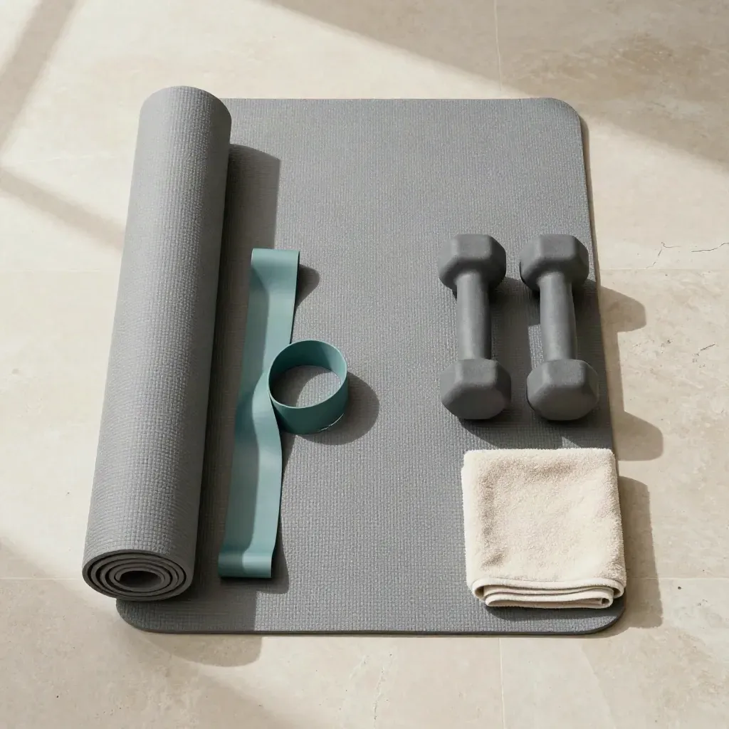 Top-down home workout kit on pale stone: rolled mat, teal band, dumbbell, folded towel.