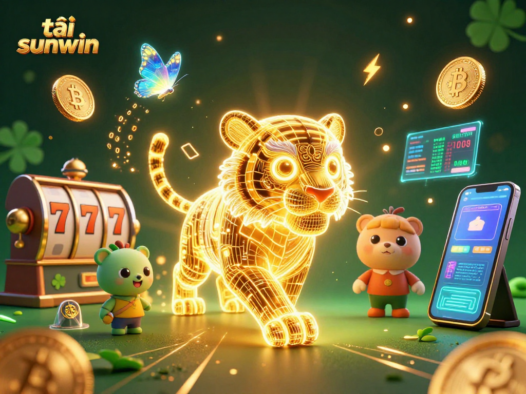 Engage with the excitement of tải sunwin through a vibrant 3D illustration featuring a neon tiger in a digital casino.
