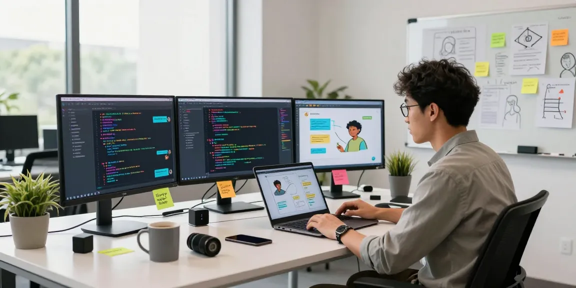 Engaging tech workspace with developer using crushonai software in vibrant office setting
