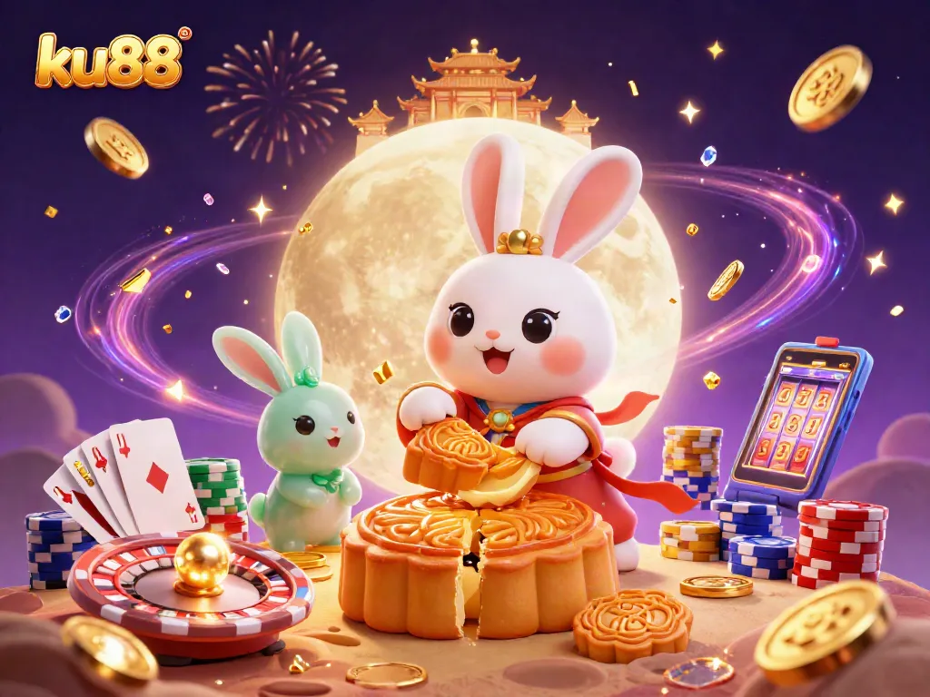 ku88 features a moon rabbit character celebrating with poker chips and casino elements in a vibrant 3D illustration.