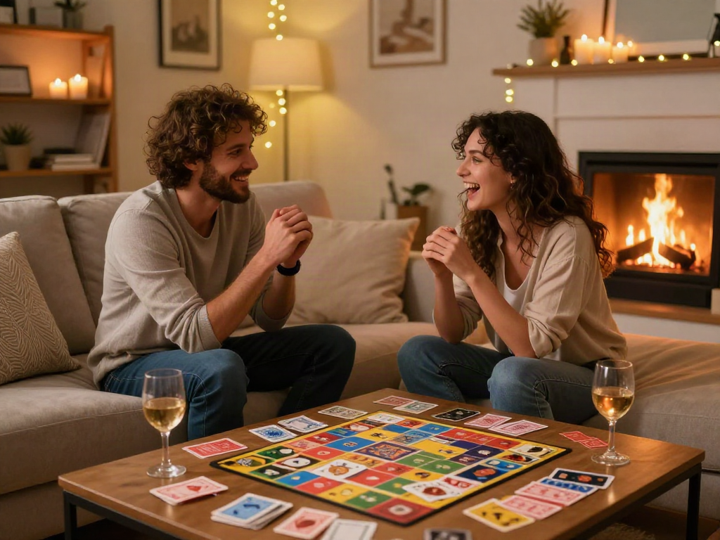 Couple enjoying sex games in a cozy living room, playful atmosphere with board games and wine.