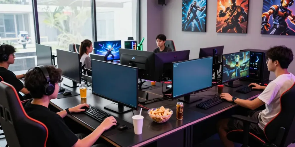 Exciting gaming lounge with rokok88 login screens and vibrant atmosphere.