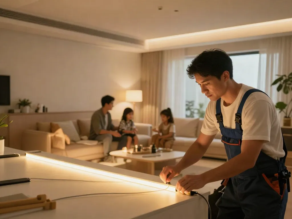 Banda LED 220V instalată de un profesionist într-un spațiu confortabil, demonstrând servicii de încredere.