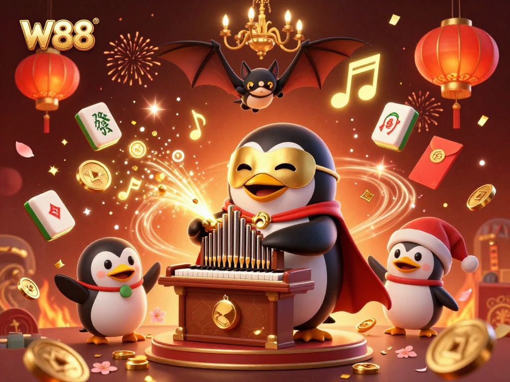 W88 offers exhilarating slot experiences with a cartoon penguin playing an organ that shoots coins.