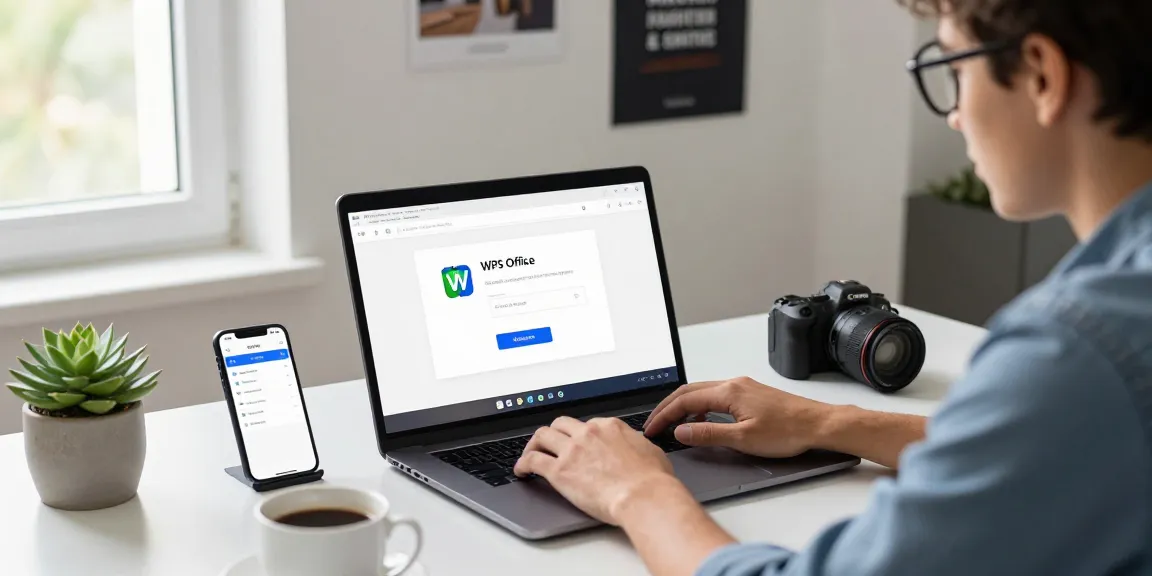 A young professional downloading WPS Office on a modern laptop in a stylish workspace with natural light.