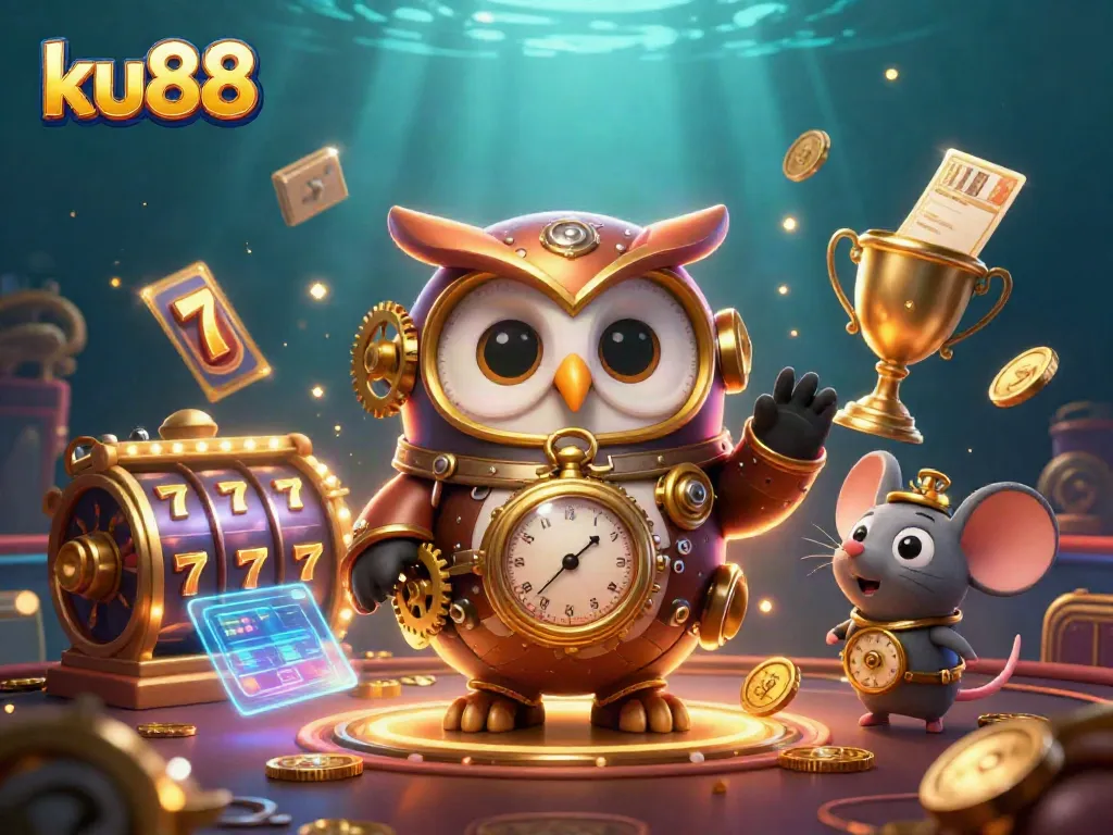 Experience thrilling spins with ku88's 3D casino adventure featuring a cartoon owl and jackpot elements.