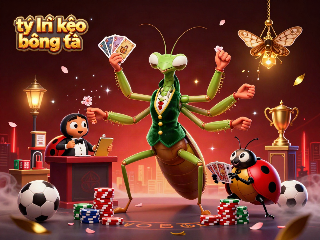 Tỷ lệ kèo bóng đá illustrated through a vibrant scene of card dealing and sports elements, showcasing excitement.