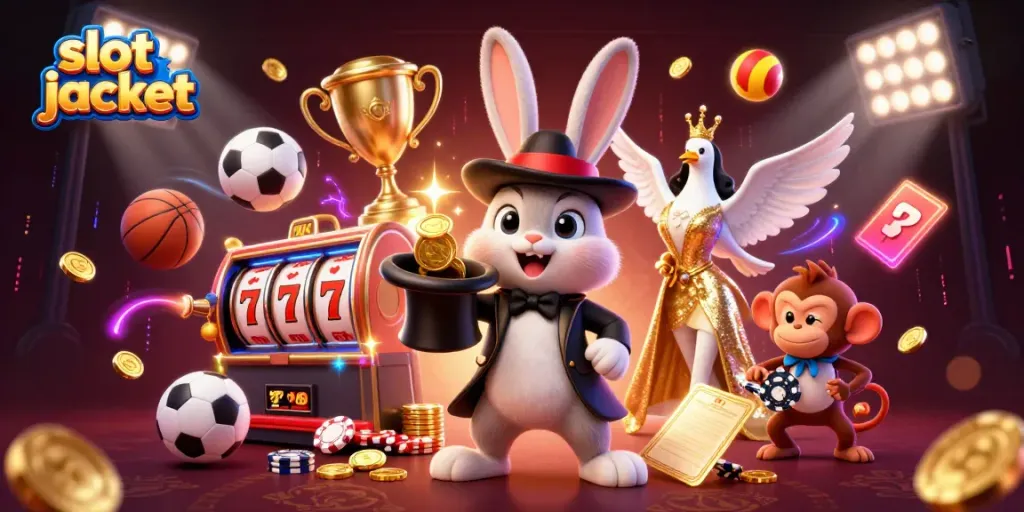 Experience thrilling slot jackpot moments with a cartoon magician, coins, and a playful monkey in a casino scene.