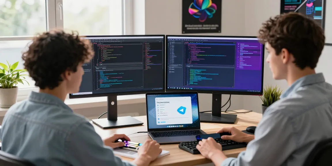 Developer coding Telegram Download app on dual monitors in a vibrant tech workspace.
