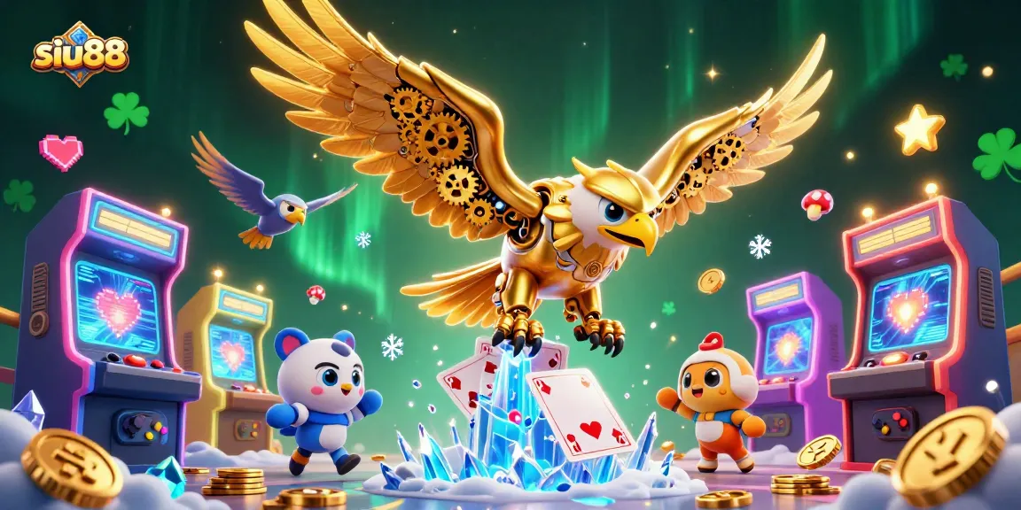 Siu88 offers dynamic gaming with a 3D cybernetic eagle in action amidst casino-themed elements.
